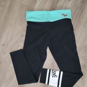 PINK Victoria's Secret Girls' Black Yoga Leggings with Mint Fold-Over Waist M